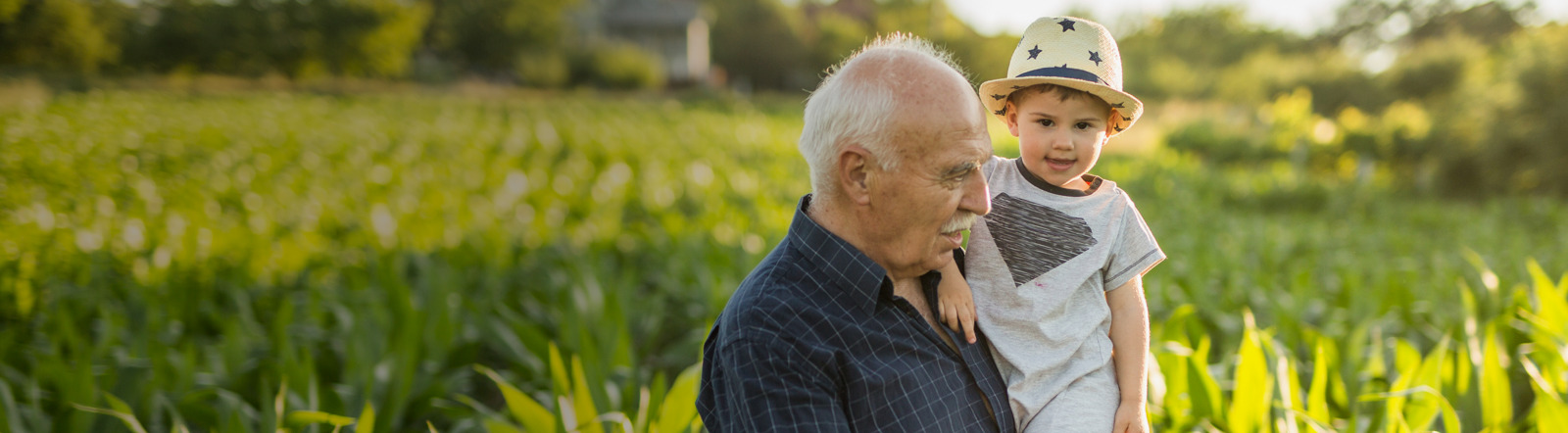elderly man holds grandchild in a field